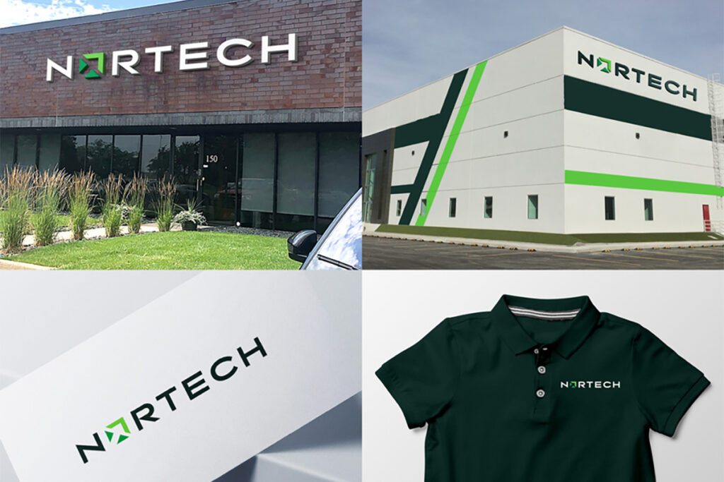 Nortech Brand renderings showing building signage, stationery and logo apparel