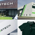 Nortech Brand renderings showing building signage, stationery and logo apparel